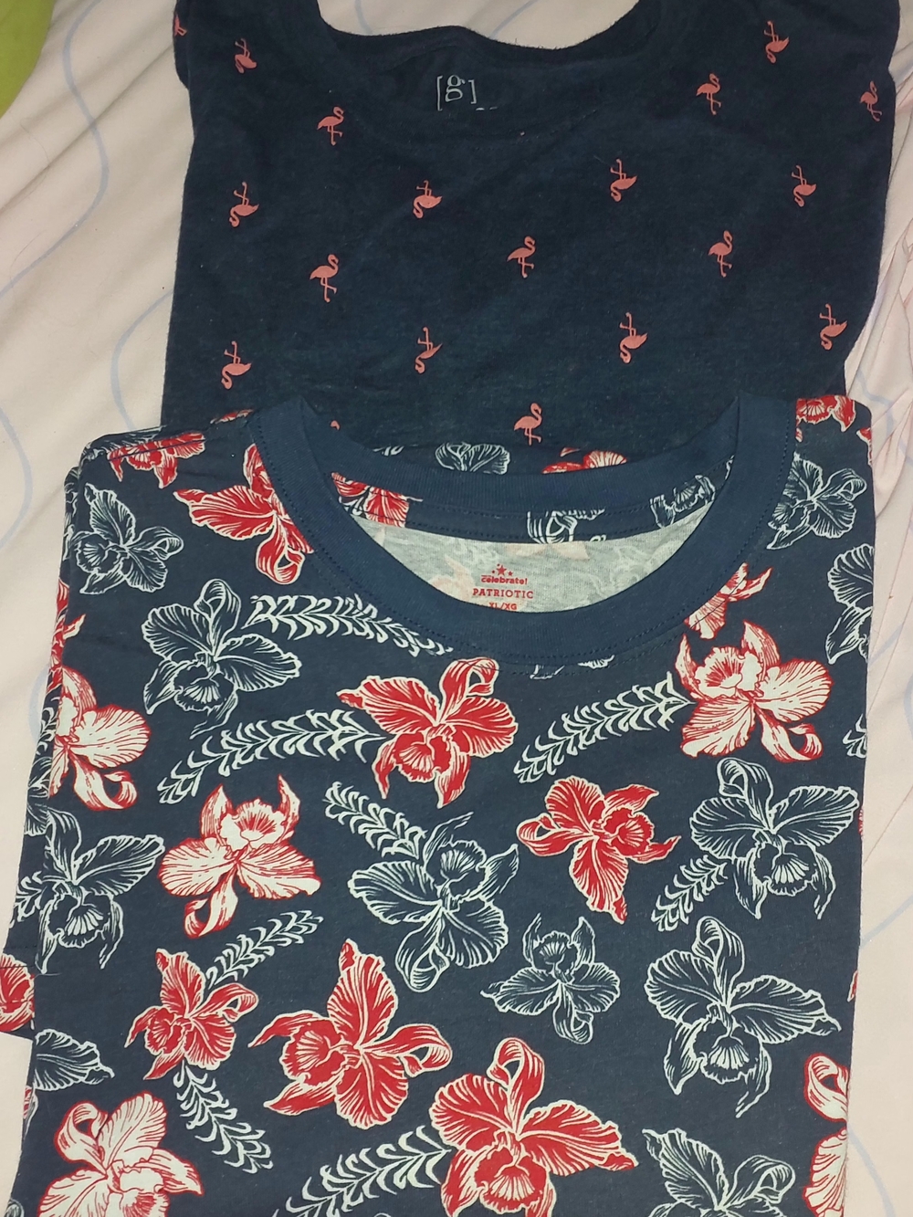 2 George Navy Tees with Pink Flamingo Print & Navy With Floral Red White Blue